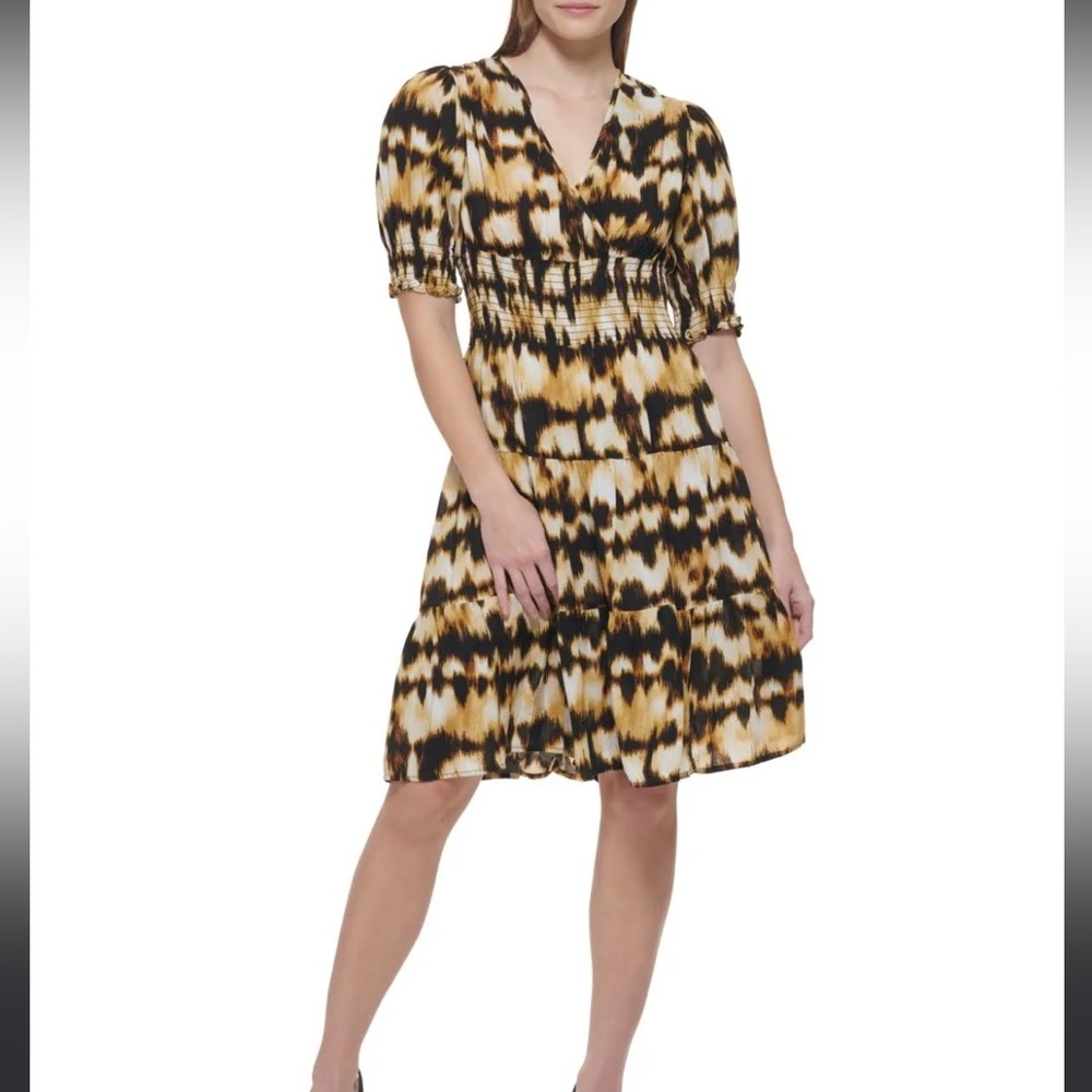 Calvin Klein Womens Smocked Puff Sleeve Fit & Flare Dress